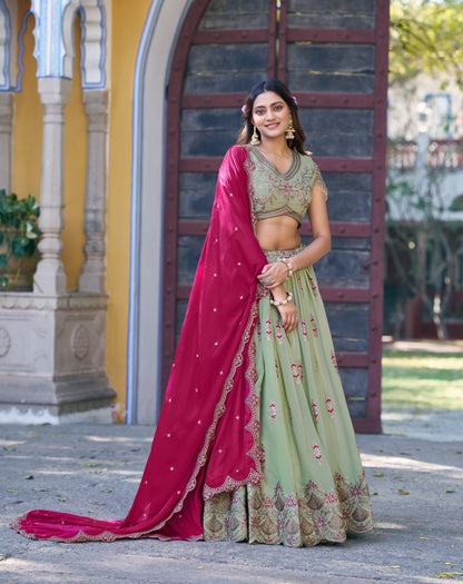 Lorenvalley Fashion Pista Star Georgette Zari, Sequins & Resham Embroidery With Butti And Arca Detailing Lehenga Choli with Dupatta