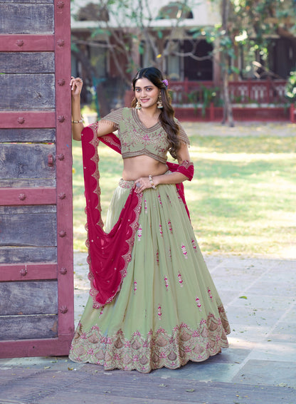 Lorenvalley Fashion Pista Star Georgette Zari, Sequins & Resham Embroidery With Butti And Arca Detailing Lehenga Choli with Dupatta