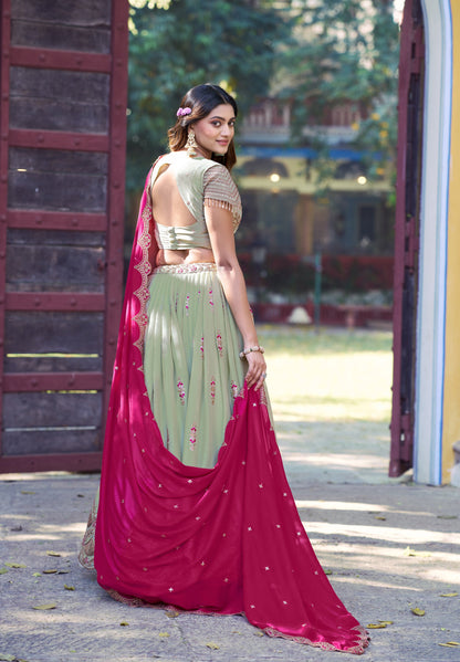 Lorenvalley Fashion Pista Star Georgette Zari, Sequins & Resham Embroidery With Butti And Arca Detailing Lehenga Choli with Dupatta