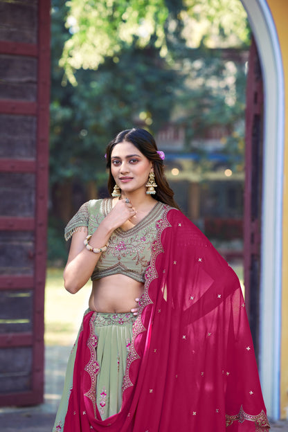 Lorenvalley Fashion Pista Star Georgette Zari, Sequins & Resham Embroidery With Butti And Arca Detailing Lehenga Choli with Dupatta
