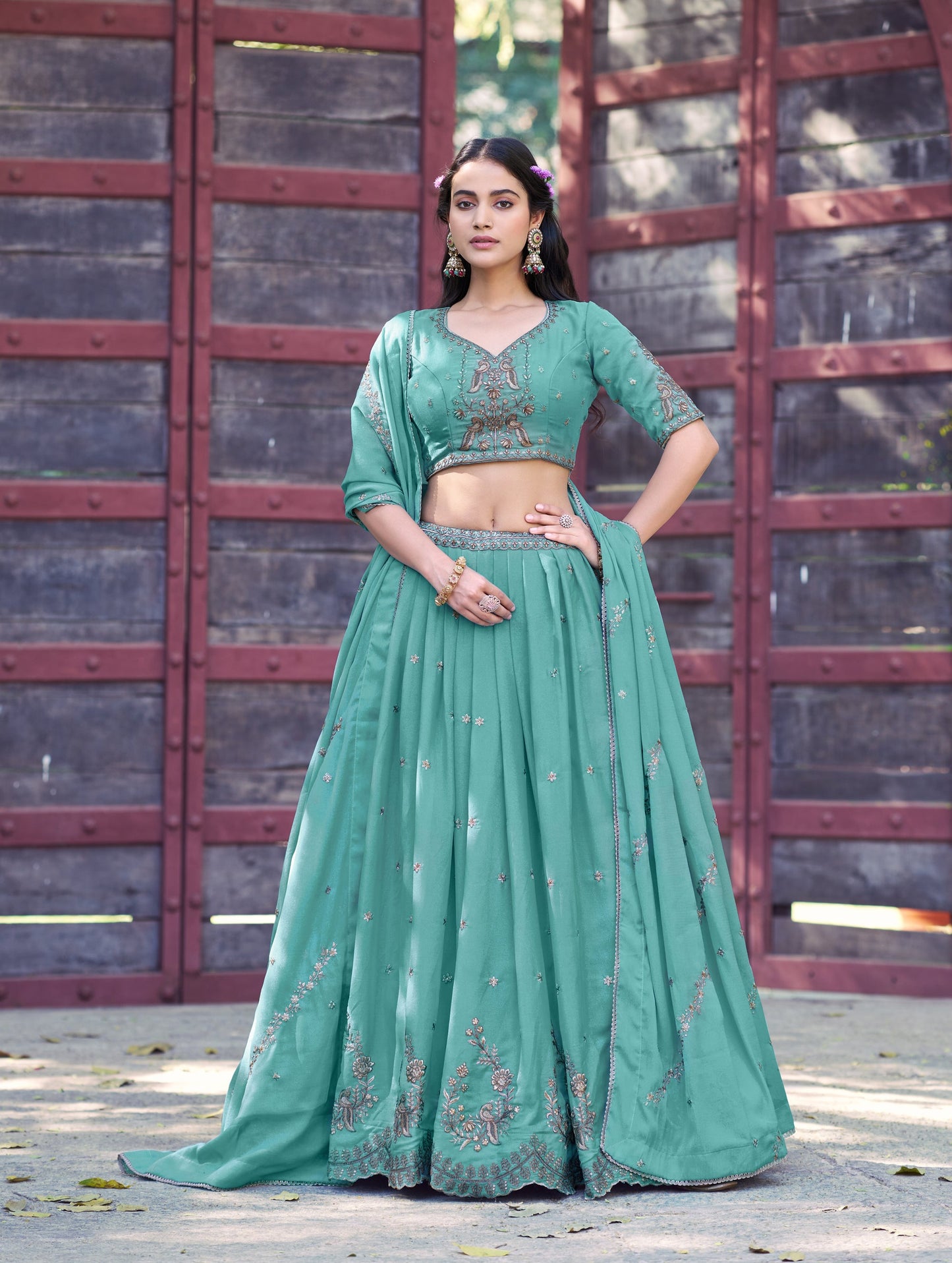 Lorenvalley Fashion Skyblue Star Georgette Zari, Sequins & Resham Embroidery With Butti And Arca Detailing Lehenga Choli with Dupatta