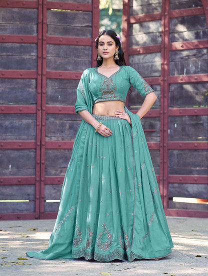 Lorenvalley Fashion Skyblue Star Georgette Zari, Sequins & Resham Embroidery With Butti And Arca Detailing Lehenga Choli with Dupatta