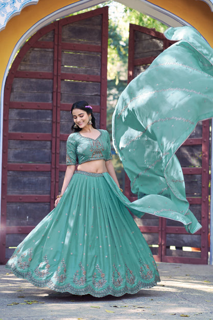 Lorenvalley Fashion Skyblue Star Georgette Zari, Sequins & Resham Embroidery With Butti And Arca Detailing Lehenga Choli with Dupatta