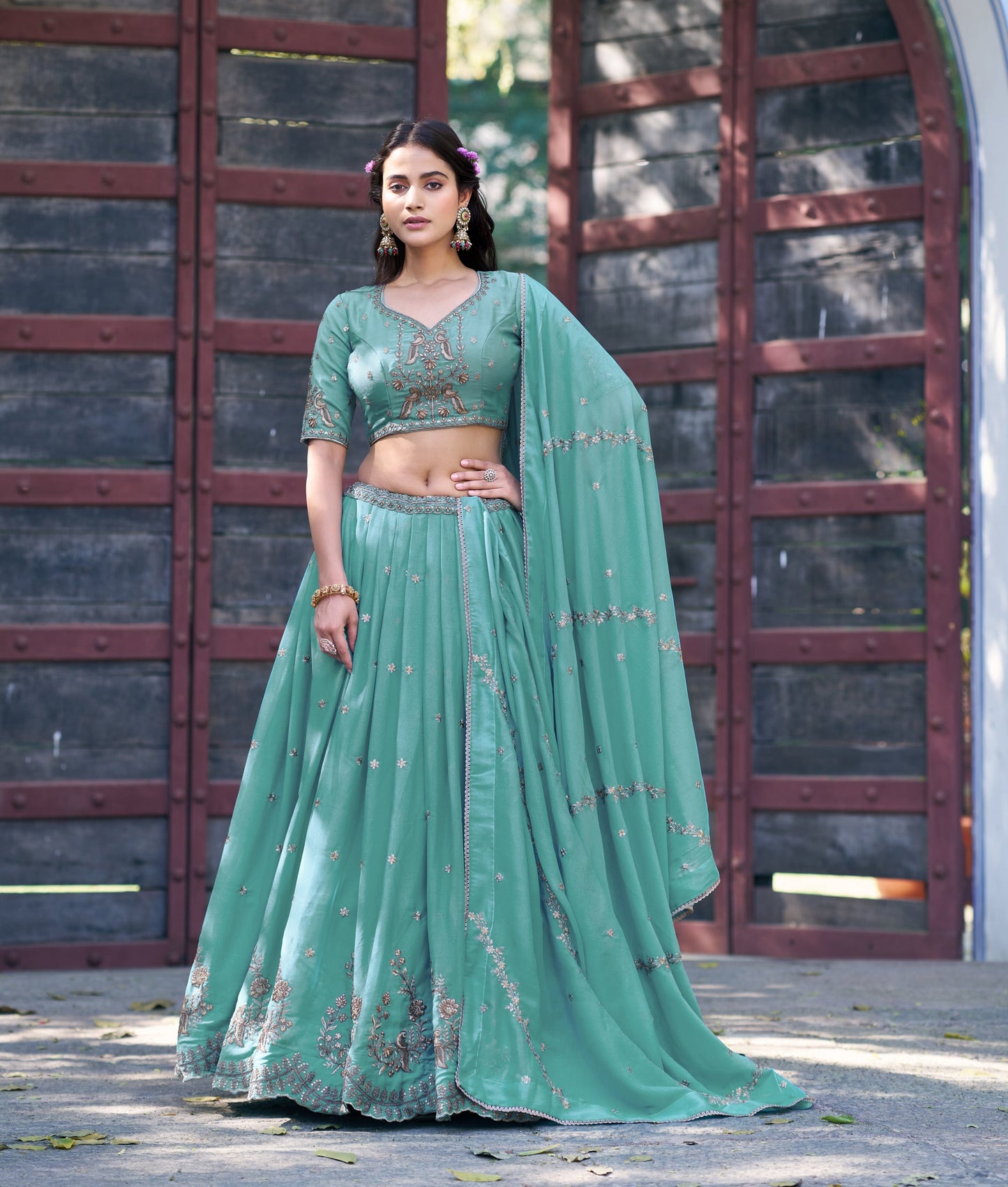 Lorenvalley Fashion Skyblue Star Georgette Zari, Sequins & Resham Embroidery With Butti And Arca Detailing Lehenga Choli with Dupatta