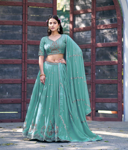 Lorenvalley Fashion Skyblue Star Georgette Zari, Sequins & Resham Embroidery With Butti And Arca Detailing Lehenga Choli with Dupatta