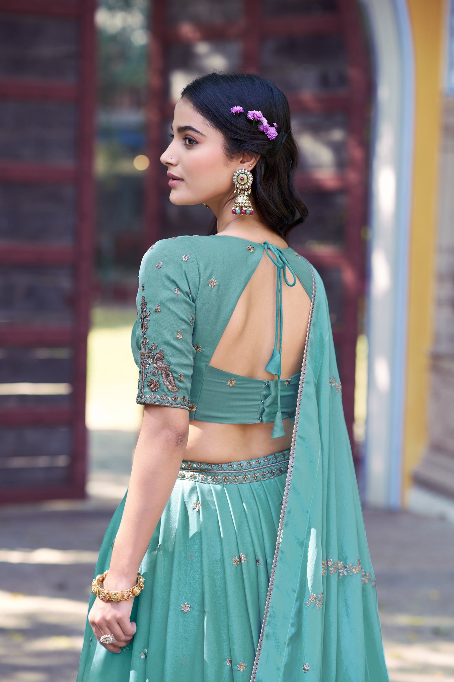 Lorenvalley Fashion Skyblue Star Georgette Zari, Sequins & Resham Embroidery With Butti And Arca Detailing Lehenga Choli with Dupatta