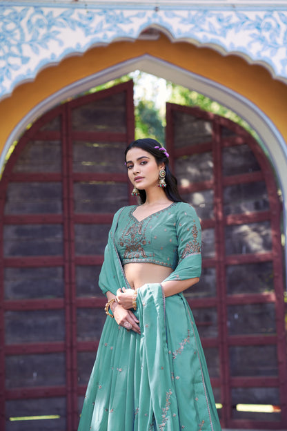 Lorenvalley Fashion Skyblue Star Georgette Zari, Sequins & Resham Embroidery With Butti And Arca Detailing Lehenga Choli with Dupatta