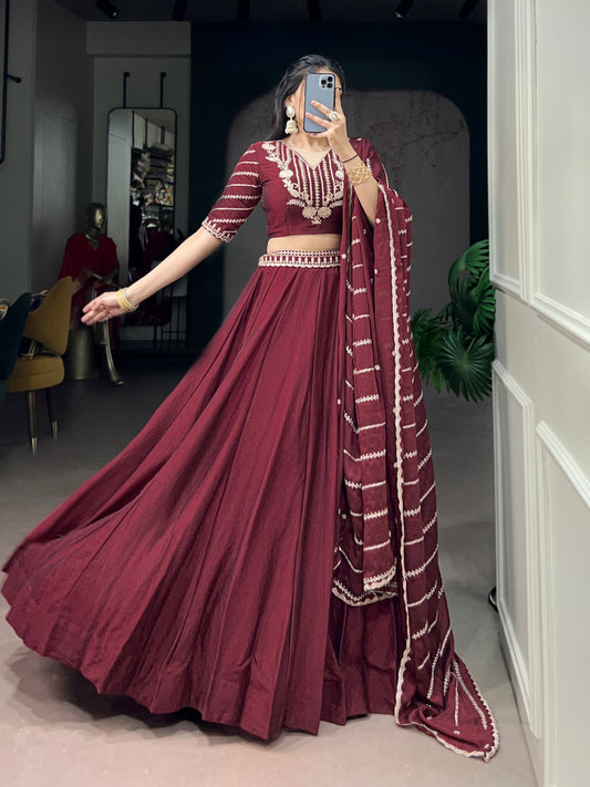 Lorenvalley Fashion Maroon Rangoli Crush Sequins and Thread Embroidery Work Belt Lehenga Choli with Dupatta