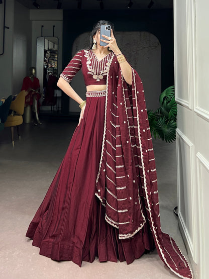 Lorenvalley Fashion Maroon Rangoli Crush Sequins and Thread Embroidery Work Belt Lehenga Choli with Dupatta