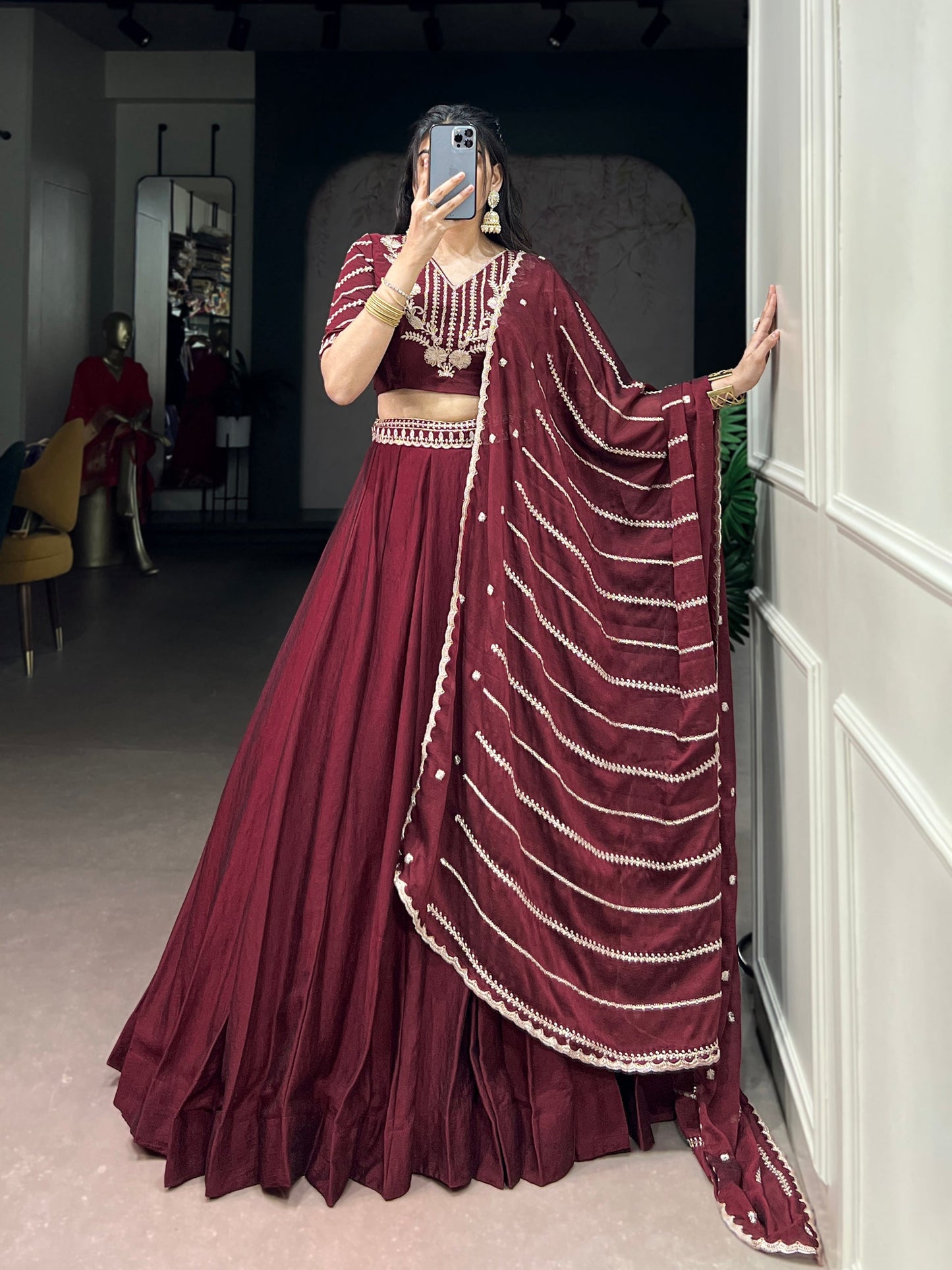 Lorenvalley Fashion Maroon Rangoli Crush Sequins and Thread Embroidery Work Belt Lehenga Choli with Dupatta