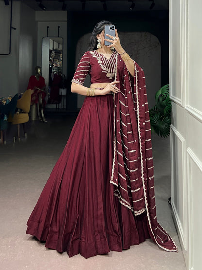 Lorenvalley Fashion Maroon Rangoli Crush Sequins and Thread Embroidery Work Belt Lehenga Choli with Dupatta