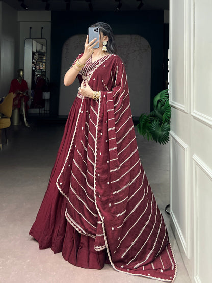 Lorenvalley Fashion Maroon Rangoli Crush Sequins and Thread Embroidery Work Belt Lehenga Choli with Dupatta