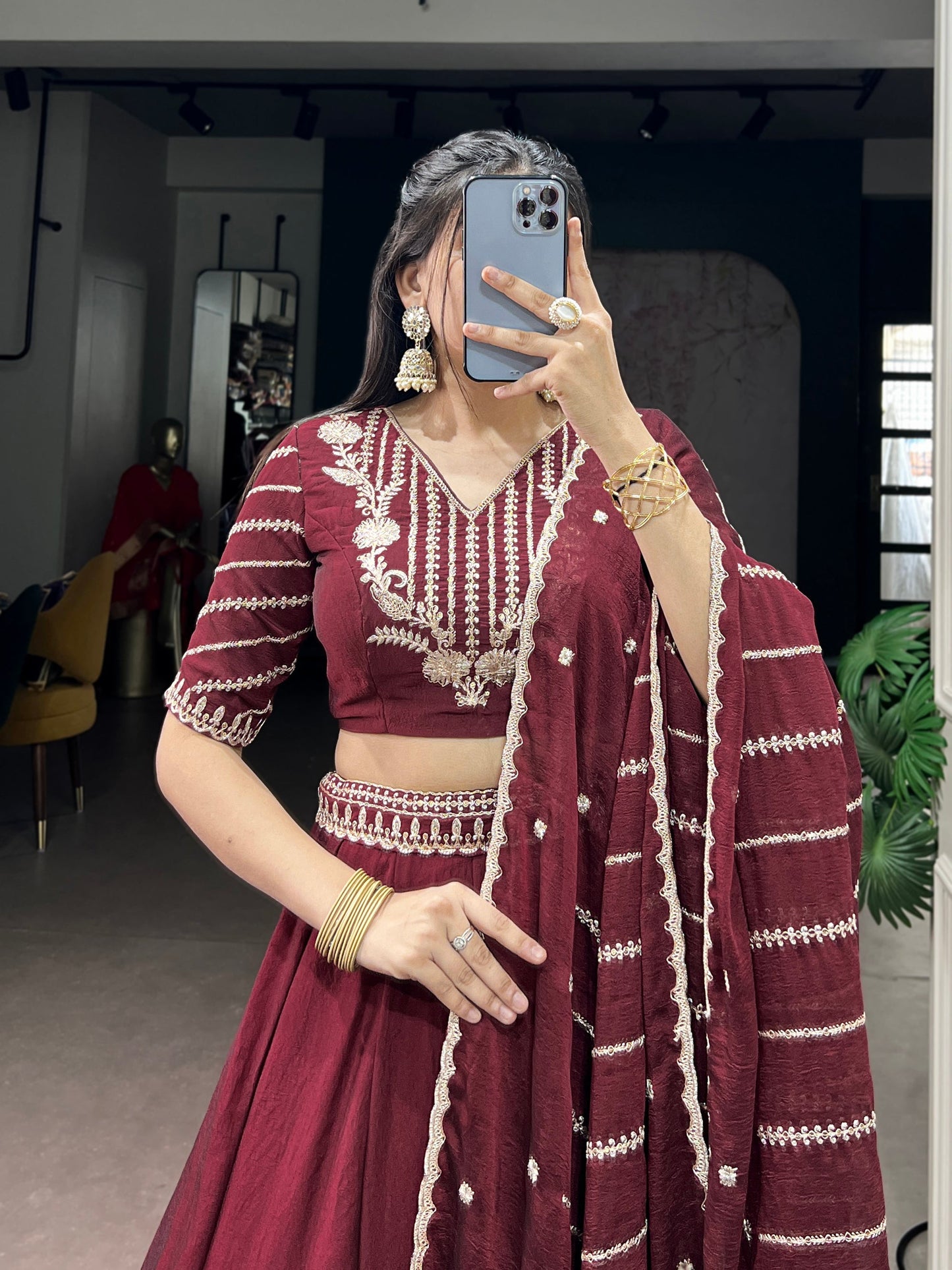 Lorenvalley Fashion Maroon Rangoli Crush Sequins and Thread Embroidery Work Belt Lehenga Choli with Dupatta