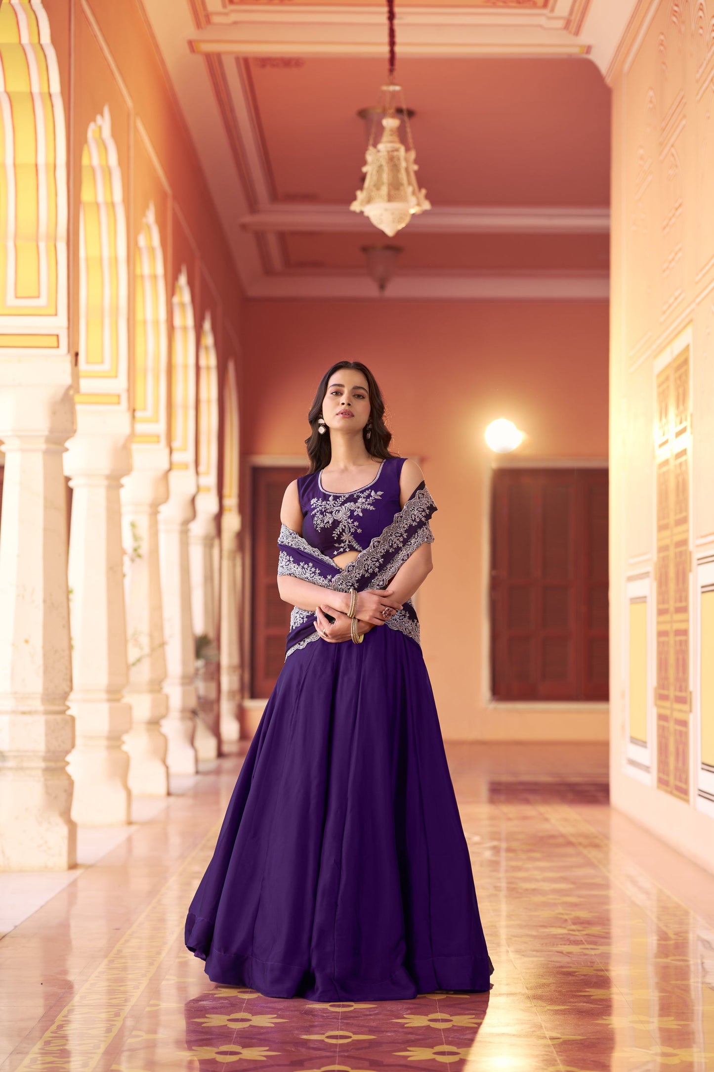 Lorenvalley Fashion Purple Rangoli Silk Tube Beads with Sequence and Thread Embroidery Work Belt Lehenga Choli with Dupatta