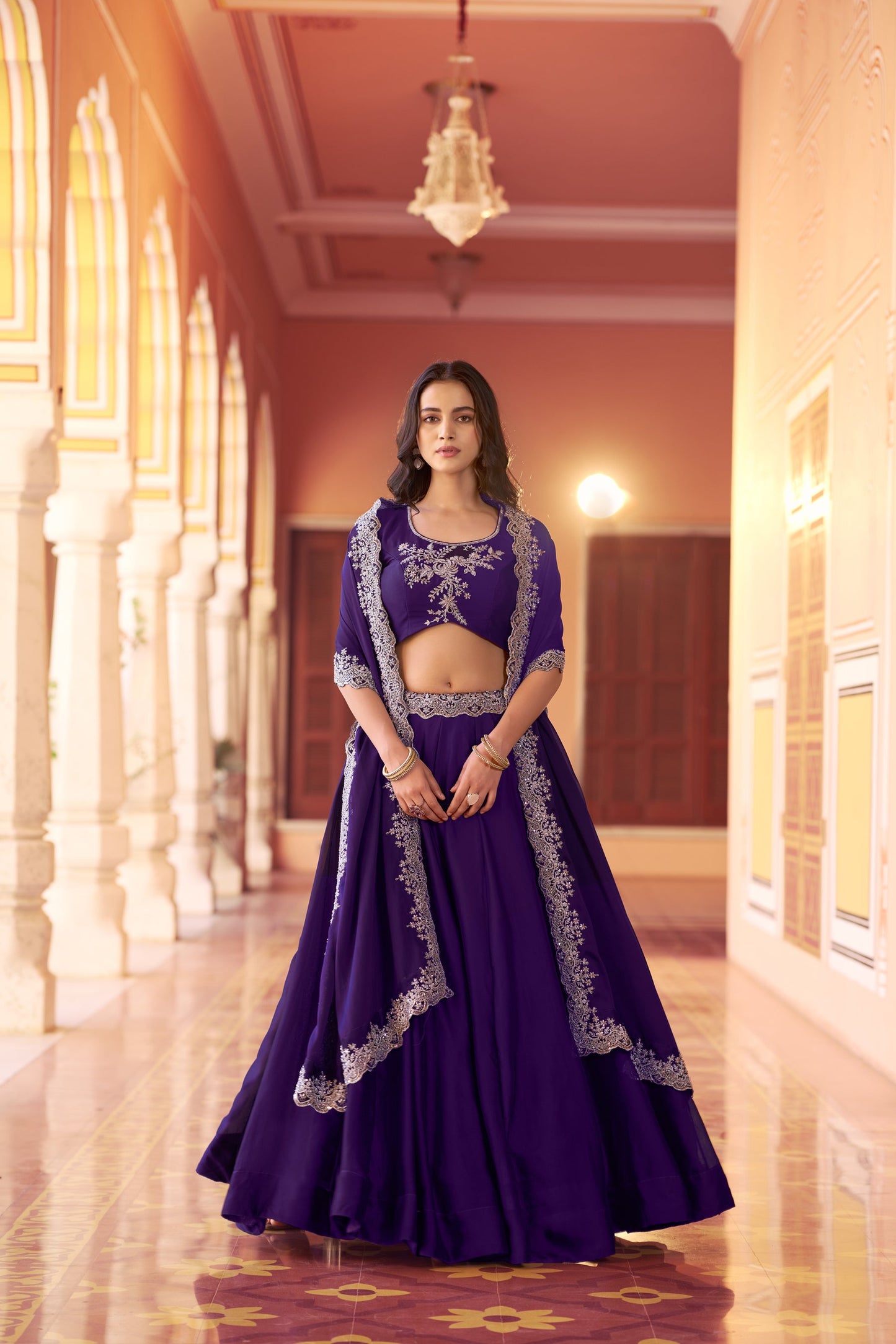 Lorenvalley Fashion Purple Rangoli Silk Tube Beads with Sequence and Thread Embroidery Work Belt Lehenga Choli with Dupatta