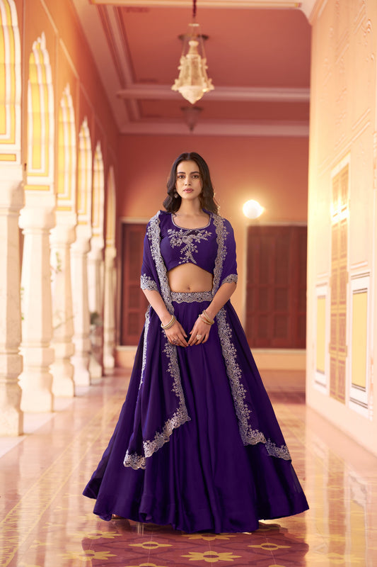 Lorenvalley Fashion Purple Rangoli Silk Tube Beads with Sequence and Thread Embroidery Work Belt Lehenga Choli with Dupatta