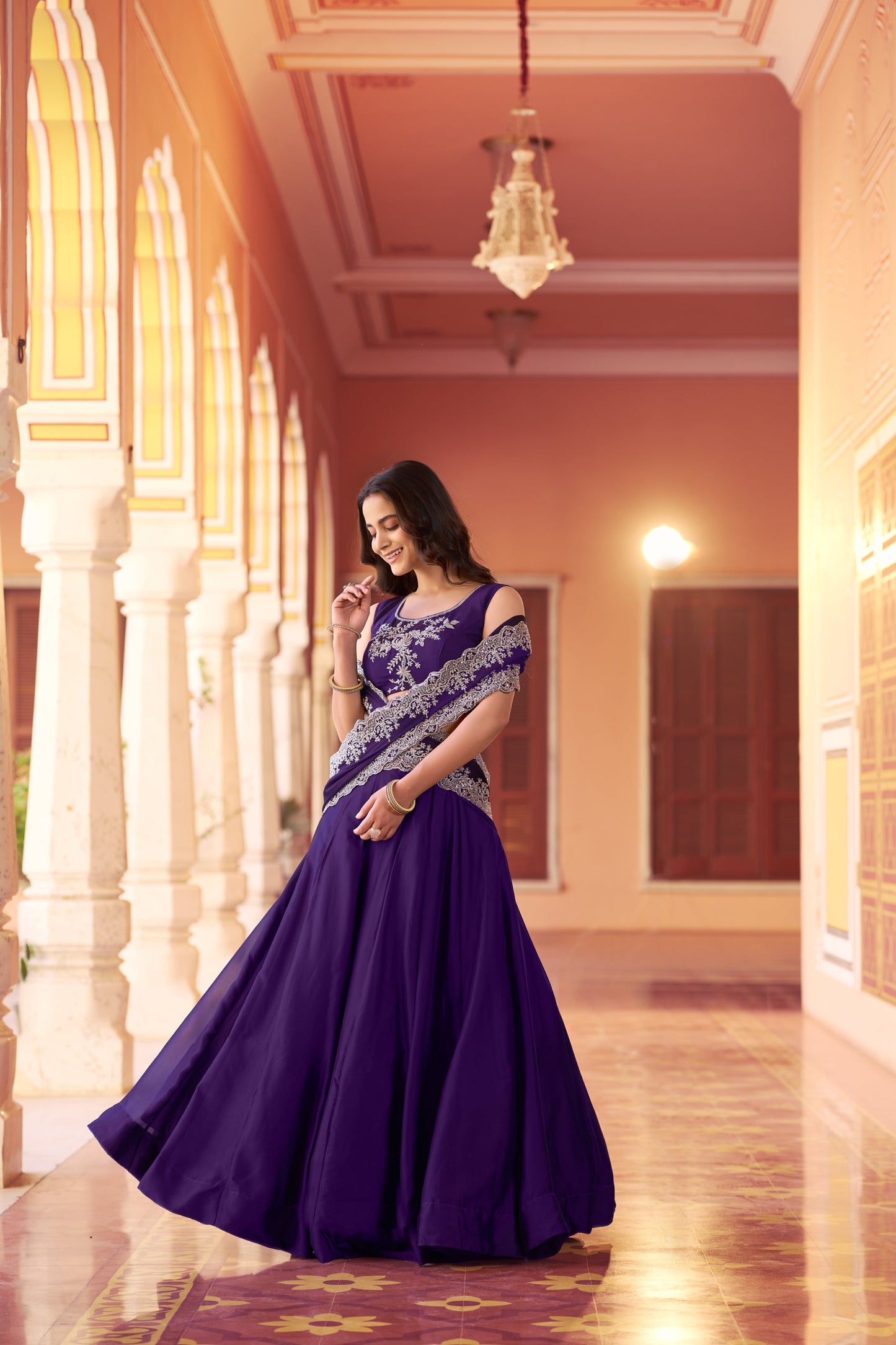 Lorenvalley Fashion Purple Rangoli Silk Tube Beads with Sequence and Thread Embroidery Work Belt Lehenga Choli with Dupatta