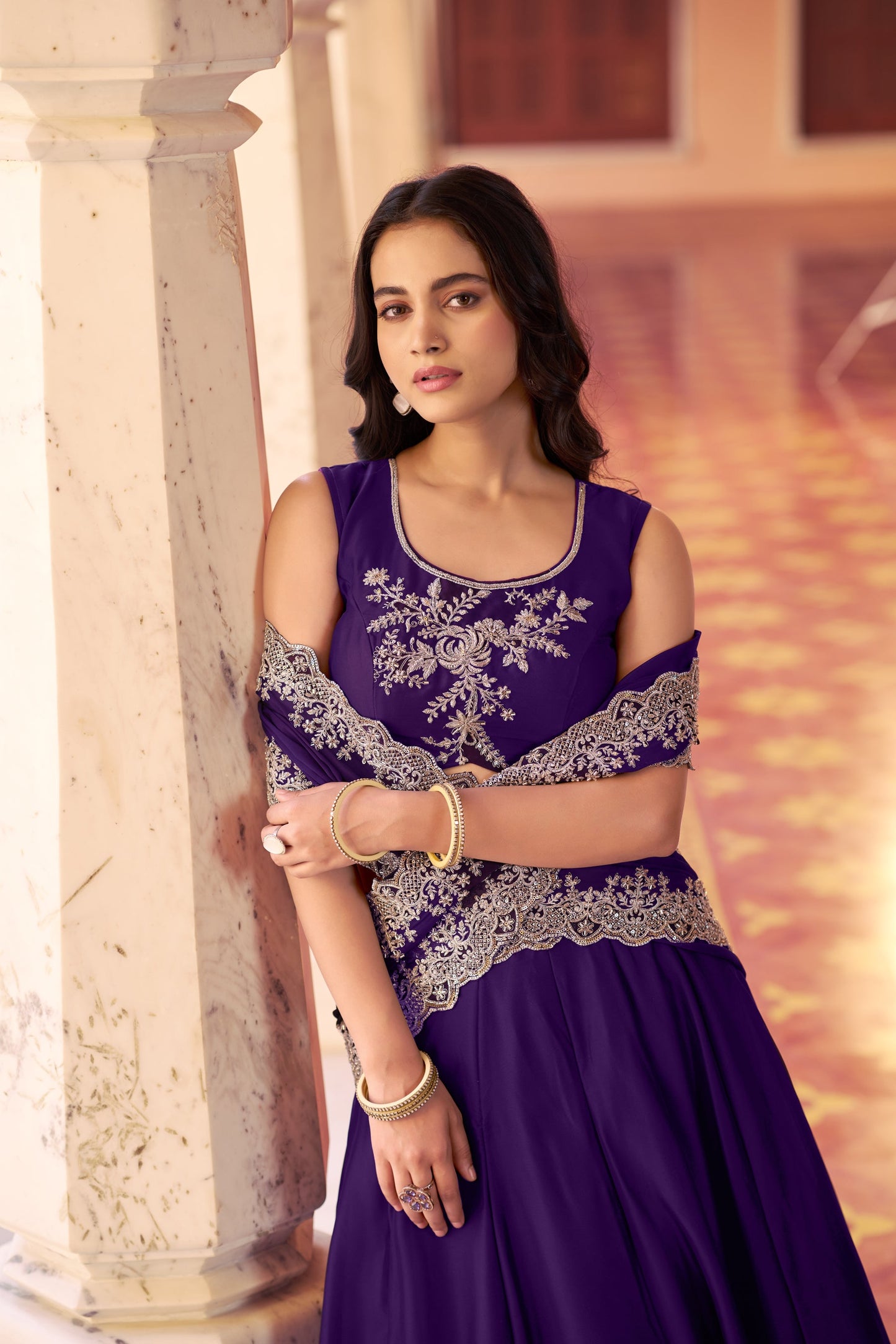 Lorenvalley Fashion Purple Rangoli Silk Tube Beads with Sequence and Thread Embroidery Work Belt Lehenga Choli with Dupatta
