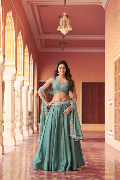 Lorenvalley Fashion Seagreen Rangoli Silk Tube Beads with Sequence and Thread Embroidery Work Belt Lehenga Choli with Dupatta