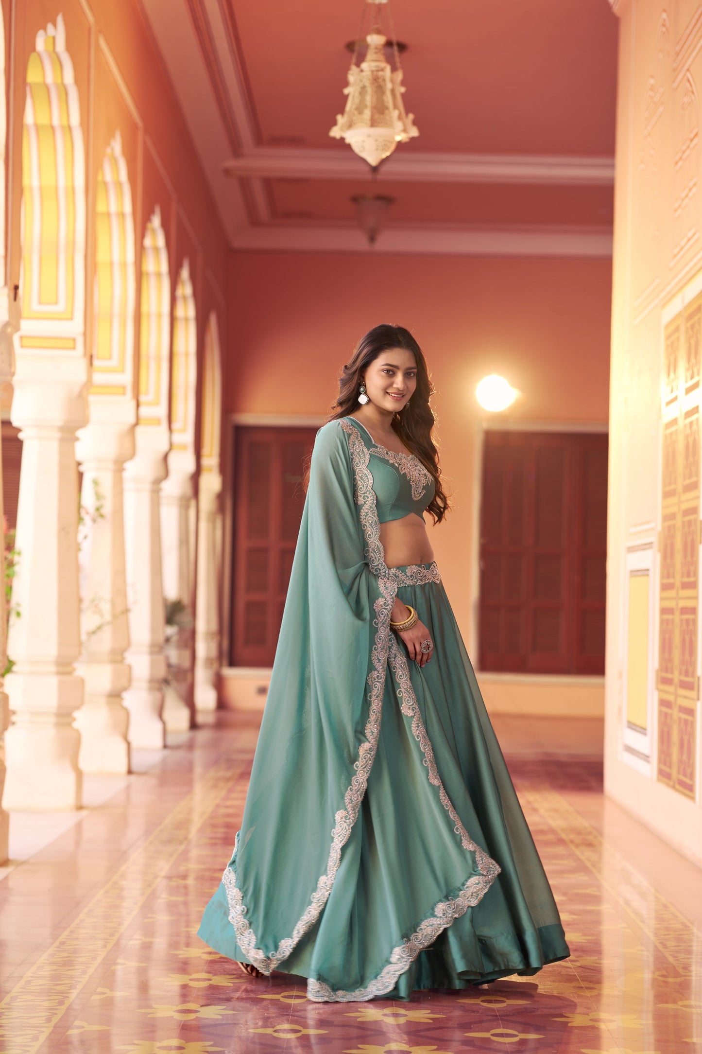 Lorenvalley Fashion Seagreen Rangoli Silk Tube Beads with Sequence and Thread Embroidery Work Belt Lehenga Choli with Dupatta