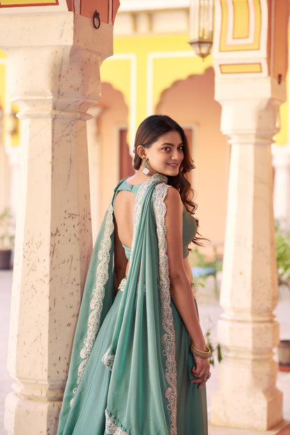 Lorenvalley Fashion Seagreen Rangoli Silk Tube Beads with Sequence and Thread Embroidery Work Belt Lehenga Choli with Dupatta