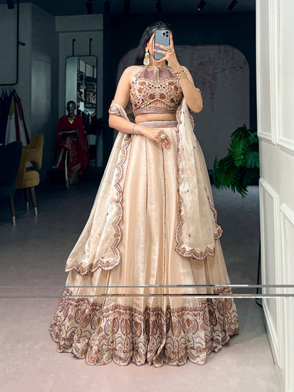Lorenvalley Fashion Cream Spider Crush With Sequins And Thread Embroidery Work Lehenga Choli With Dupatta