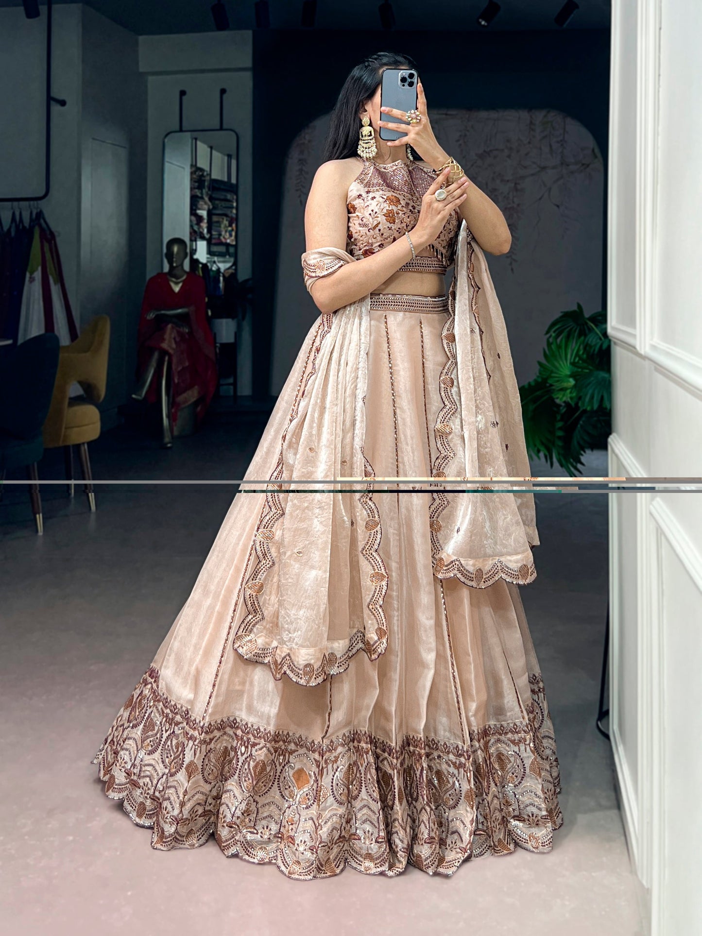 Lorenvalley Fashion Cream Spider Crush With Sequins And Thread Embroidery Work Lehenga Choli With Dupatta