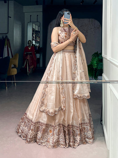 Lorenvalley Fashion Cream Spider Crush With Sequins And Thread Embroidery Work Lehenga Choli With Dupatta