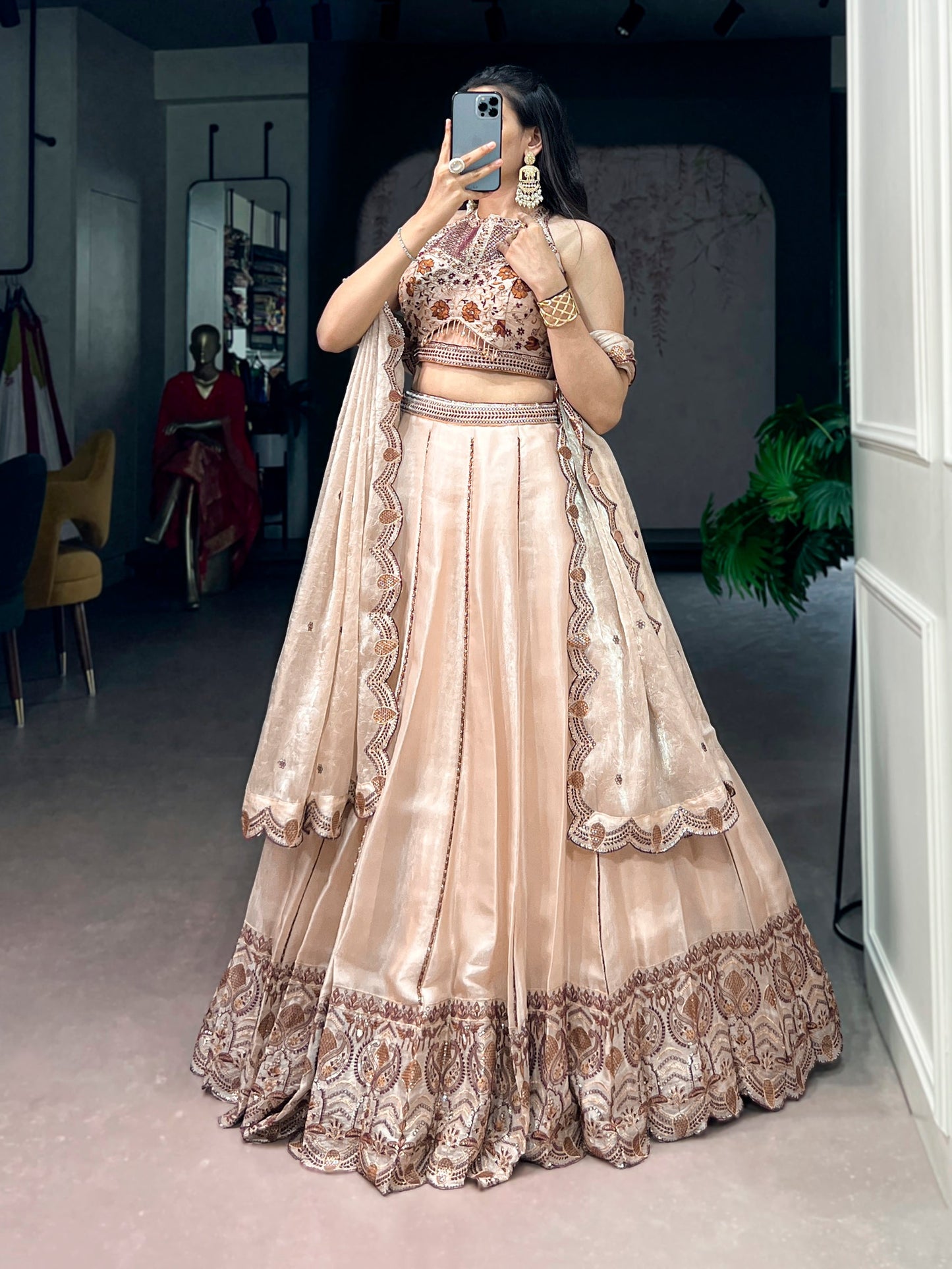 Lorenvalley Fashion Cream Spider Crush With Sequins And Thread Embroidery Work Lehenga Choli With Dupatta