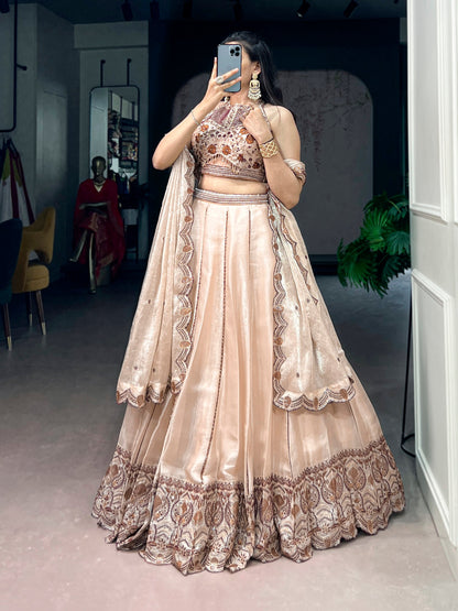 Lorenvalley Fashion Cream Spider Crush With Sequins And Thread Embroidery Work Lehenga Choli With Dupatta