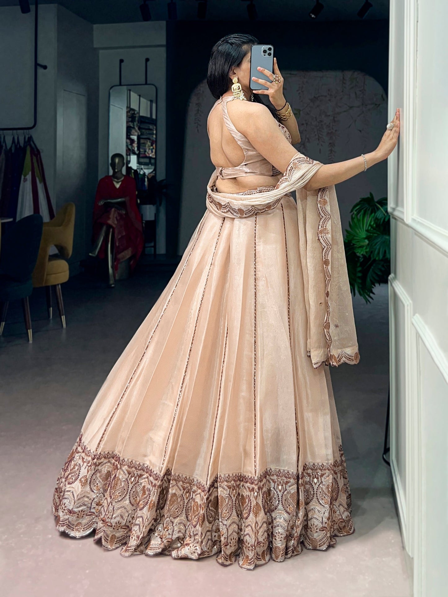 Lorenvalley Fashion Cream Spider Crush With Sequins And Thread Embroidery Work Lehenga Choli With Dupatta
