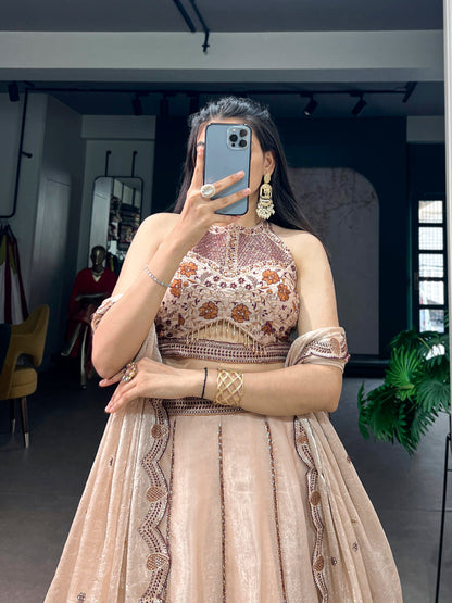 Lorenvalley Fashion Cream Spider Crush With Sequins And Thread Embroidery Work Lehenga Choli With Dupatta