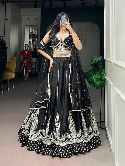 Lorenvalley Fashion Black Naysha Silk Fabric With Thread & Sequins Embroidery Work Lehenga Choli With Dupatta
