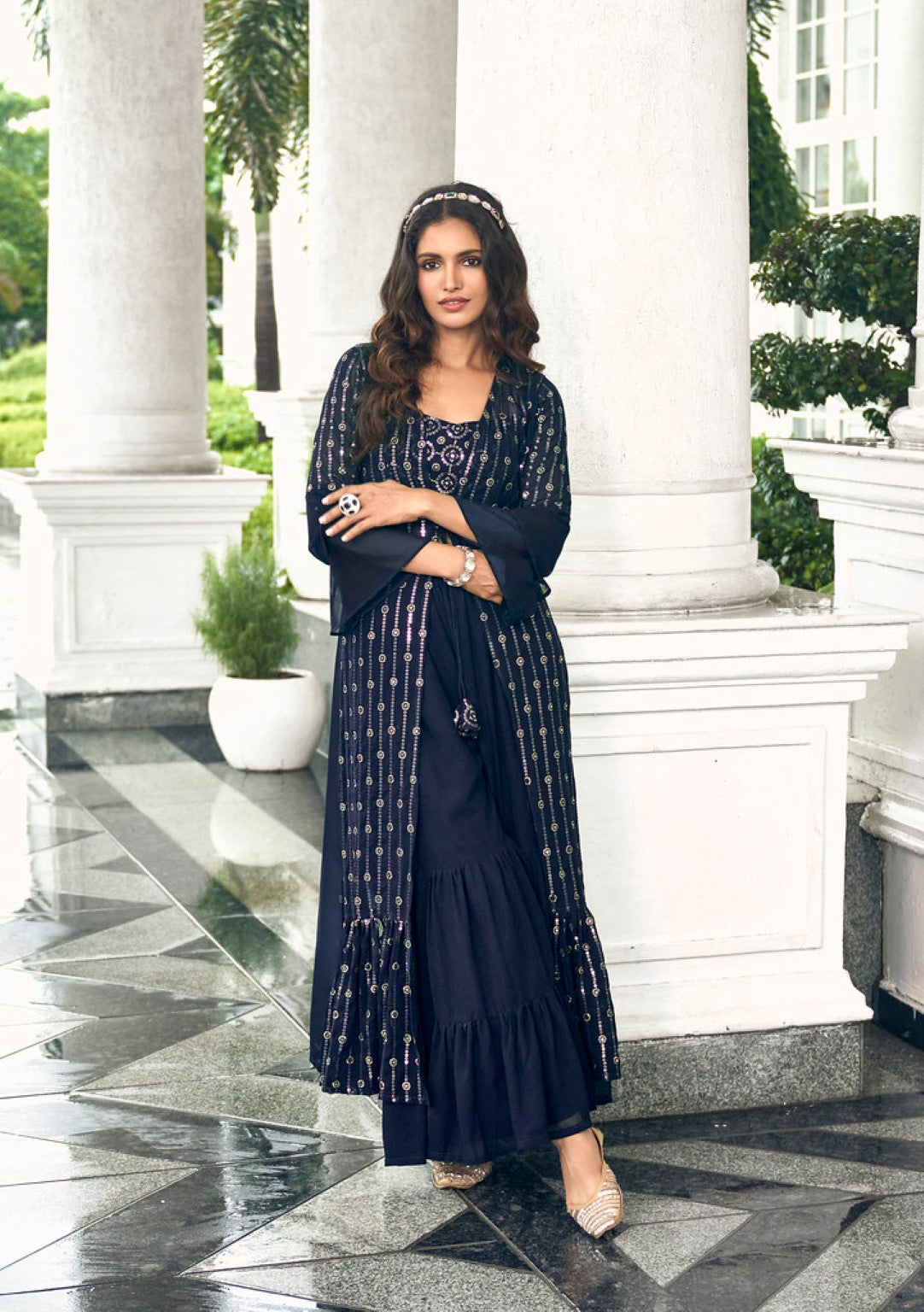 Anaita Navy Georgette Stitched Shrug Suit With Sequence Thread Work