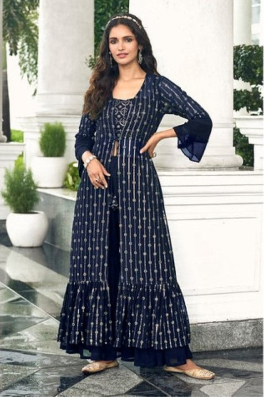 Anaita Navy Georgette Stitched Shrug Suit With Sequence Thread Work