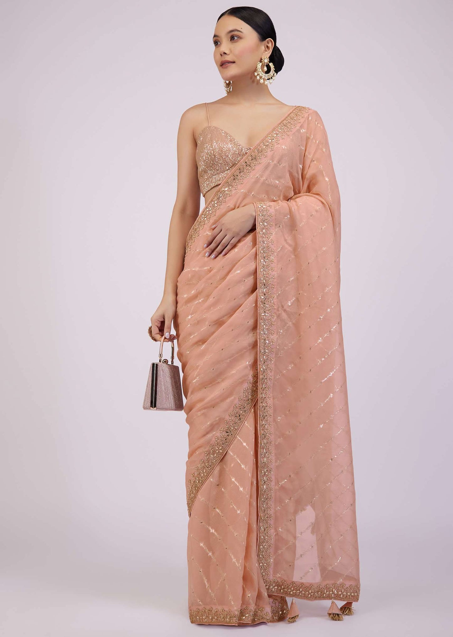 Blush Pink Saree In Organza With Lurex Stripes And Embroidery