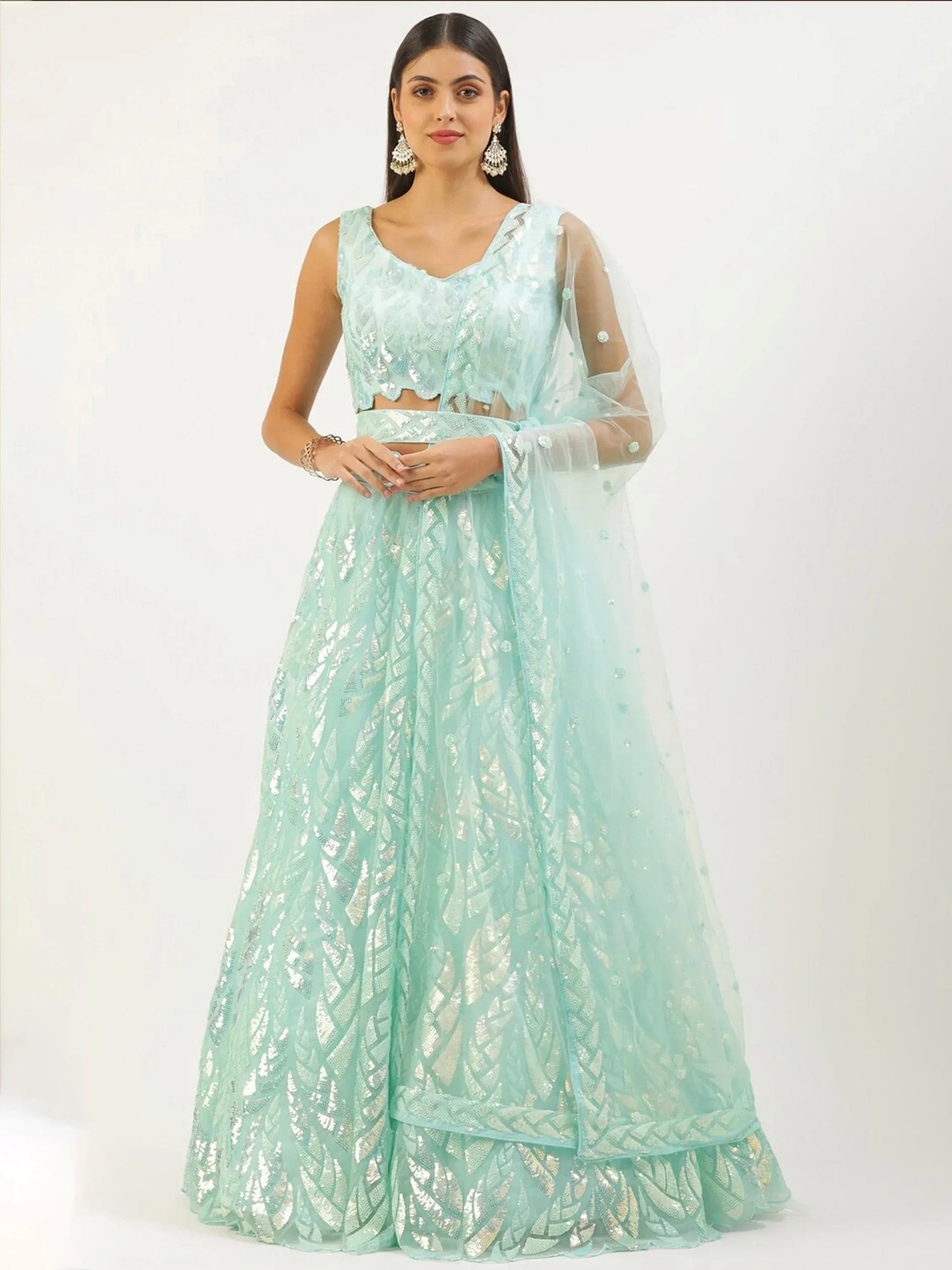 Tulsi Art Outstanding Sky Blue Sequins Net Lehenga Choli With Dupatta