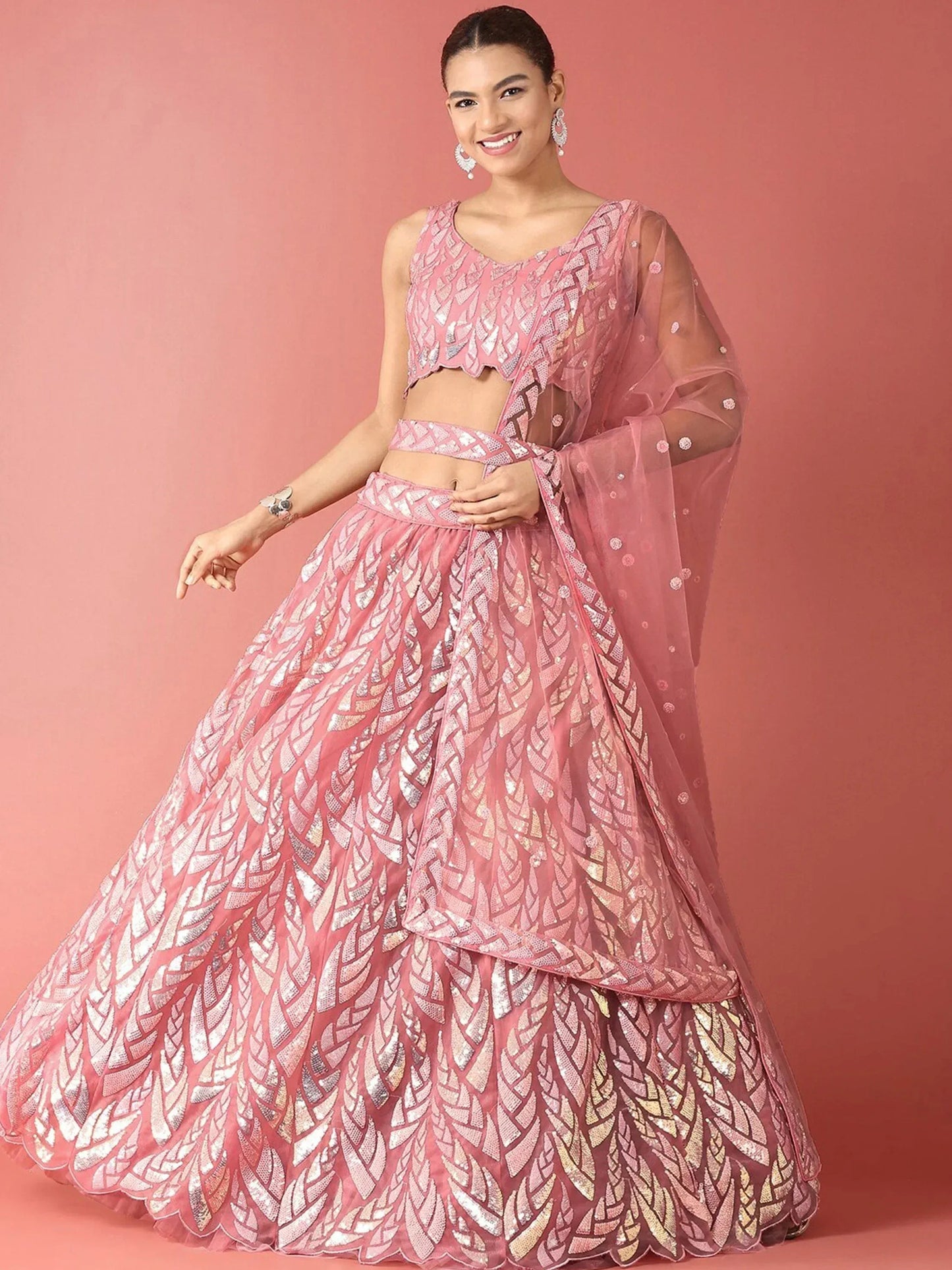 Tulsi Art Fantastic Pink Sequins Net Reception Wear Lehenga Choli With Dupatta