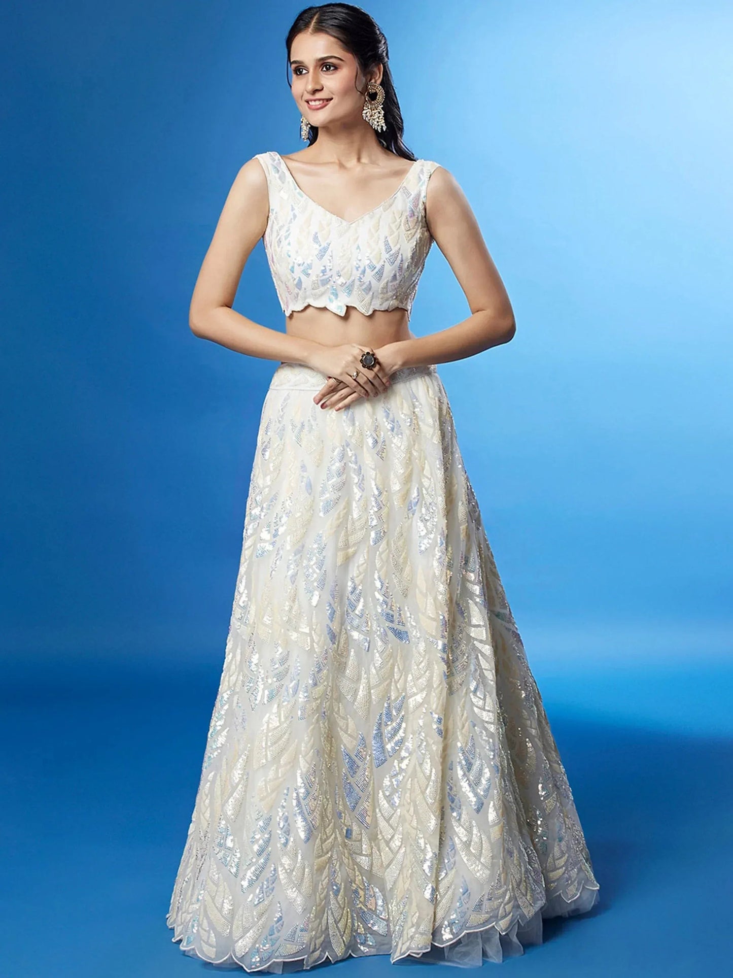 Tulsi Art Beautiful Off-White Sequins Net Engagement Wear Lehenga Choli