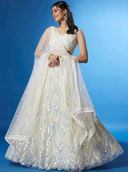 Tulsi Art Beautiful Off-White Sequins Net Engagement Wear Lehenga Choli