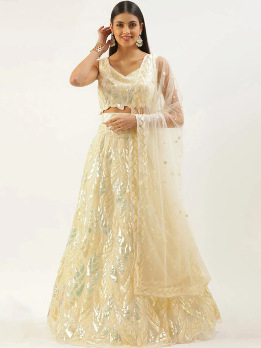 Tulsi Art Attractive Beige Sequins Net Wedding Wear Lehenga Choli With Dupatta