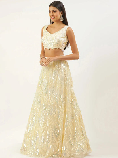 Tulsi Art Attractive Beige Sequins Net Wedding Wear Lehenga Choli With Dupatta