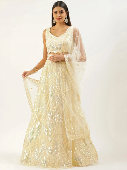 Tulsi Art Attractive Beige Sequins Net Wedding Wear Lehenga Choli With Dupatta