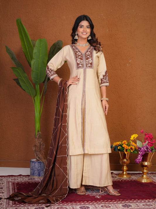 Lorenvalley Fashion Cream Roman Silk Multi Embroidery Thread With Beautiful Hand Work Kurta Palazzo Dupatta