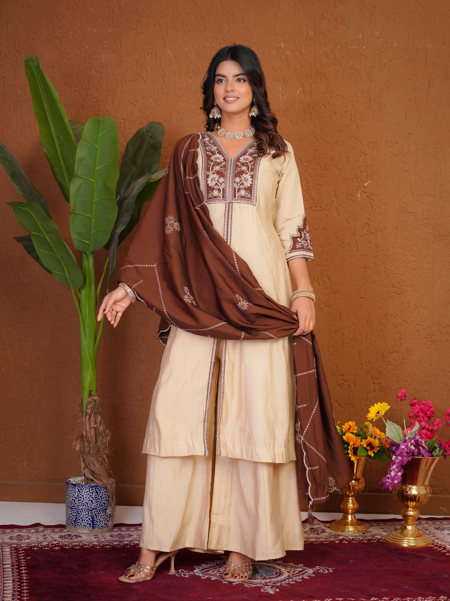 Lorenvalley Fashion Cream Roman Silk Multi Embroidery Thread With Beautiful Hand Work Kurta Palazzo Dupatta