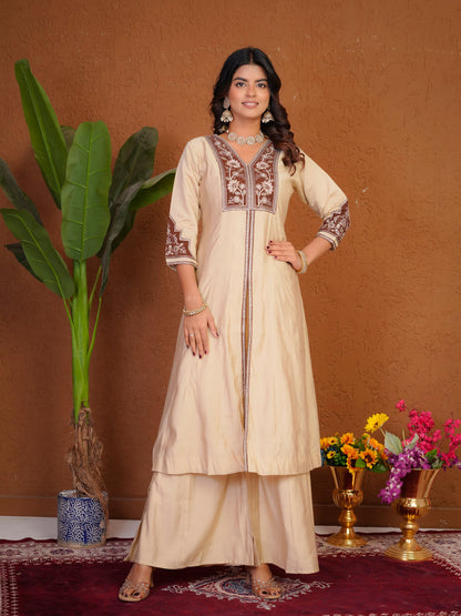 Lorenvalley Fashion Cream Roman Silk Multi Embroidery Thread With Beautiful Hand Work Kurta Palazzo Dupatta