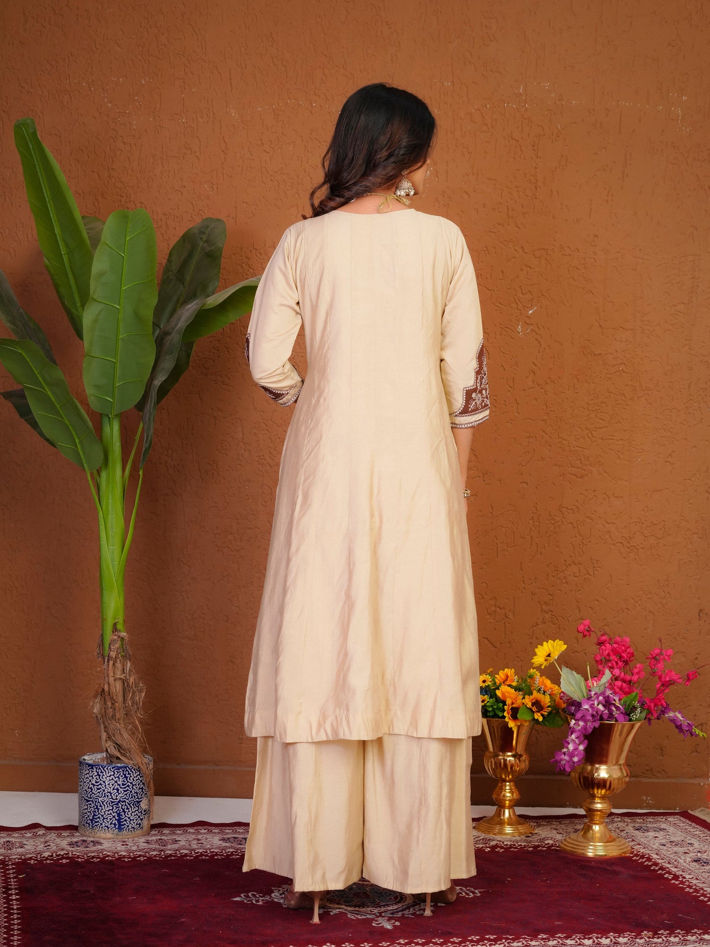 Lorenvalley Fashion Cream Roman Silk Multi Embroidery Thread With Beautiful Hand Work Kurta Palazzo Dupatta