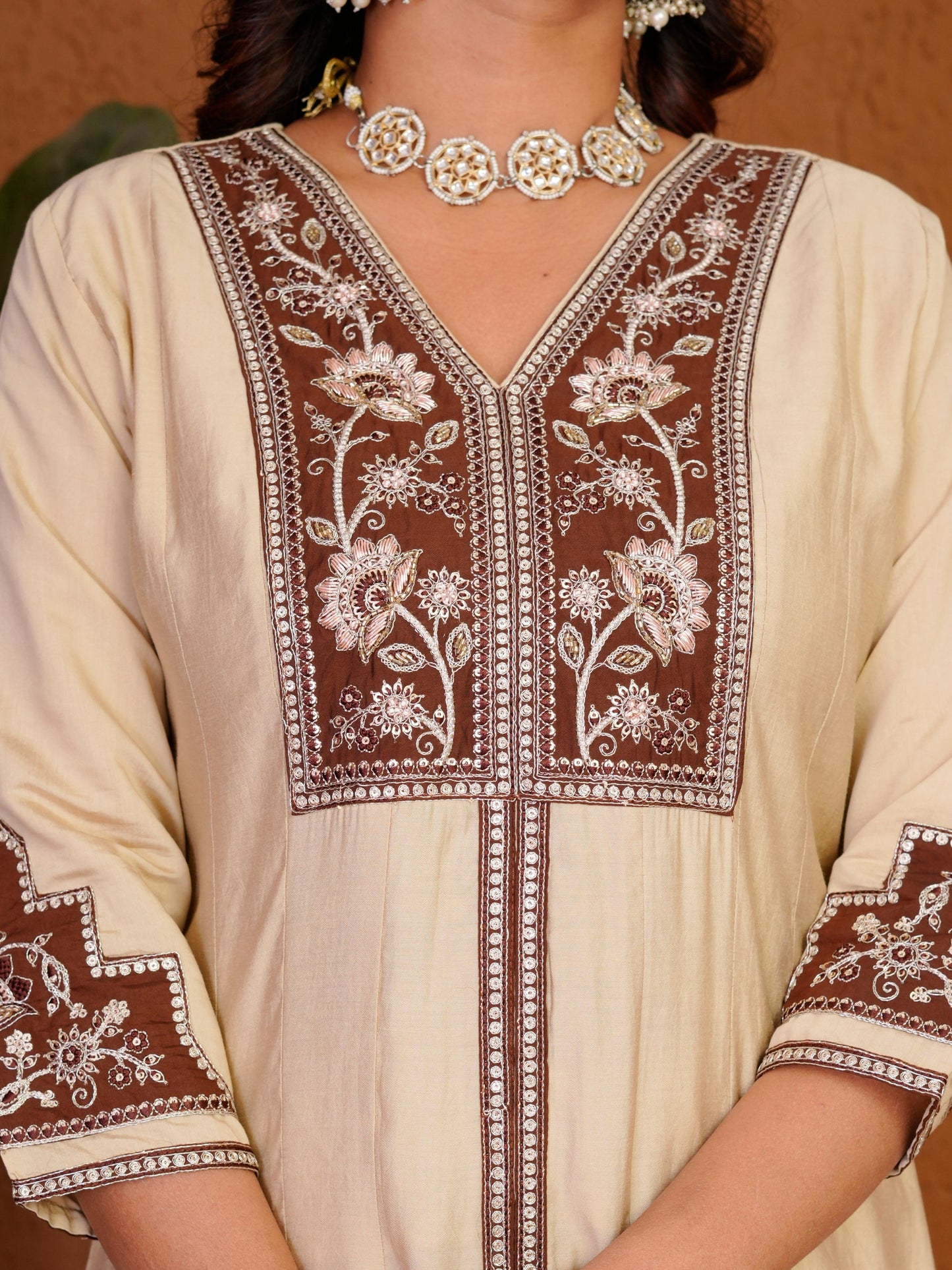 Lorenvalley Fashion Cream Roman Silk Multi Embroidery Thread With Beautiful Hand Work Kurta Palazzo Dupatta