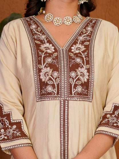 Lorenvalley Fashion Cream Roman Silk Multi Embroidery Thread With Beautiful Hand Work Kurta Palazzo Dupatta