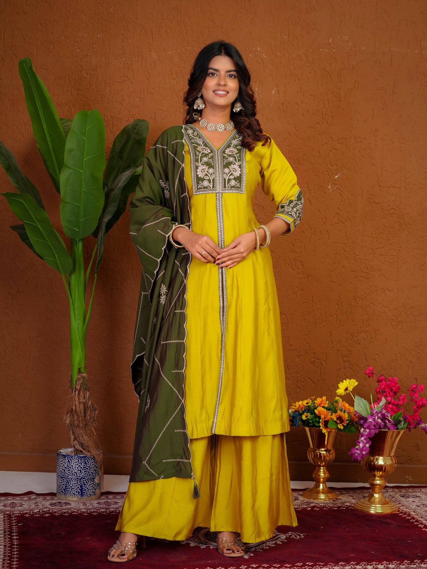 Lorenvalley Fashion Mustard Roman Silk Multi Embroidery Thread With Beautiful Hand Work Kurta Palazzo Dupatta